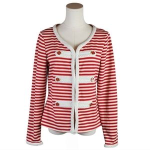Katherine NY Nautical Stripe Cardigan Red White Anchor Buttons Braided Trim M
